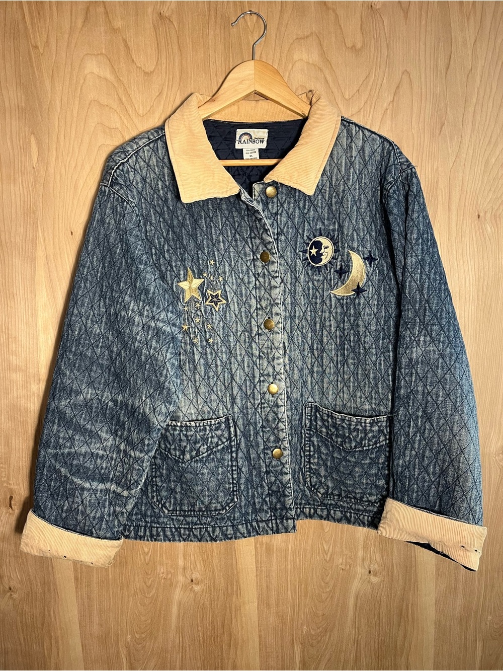 Vintage Quilted Denim Jacket Cream Corduroy Trim Celestial Moon Stars Embroidery